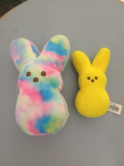 2 Peeps  Bunny Rabbit 1 Yellow 1 Rainbow Tye Dye  6" Beanbag Plush Stuffed Toy