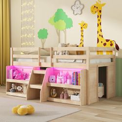 GIANTEX Low Loft Bed with LED Lights, Wooden Twin Loft Bed with Stairs & Safety Guardrail, Loft Bed Twin Size with Storage Bookcase and Under-Bed Play