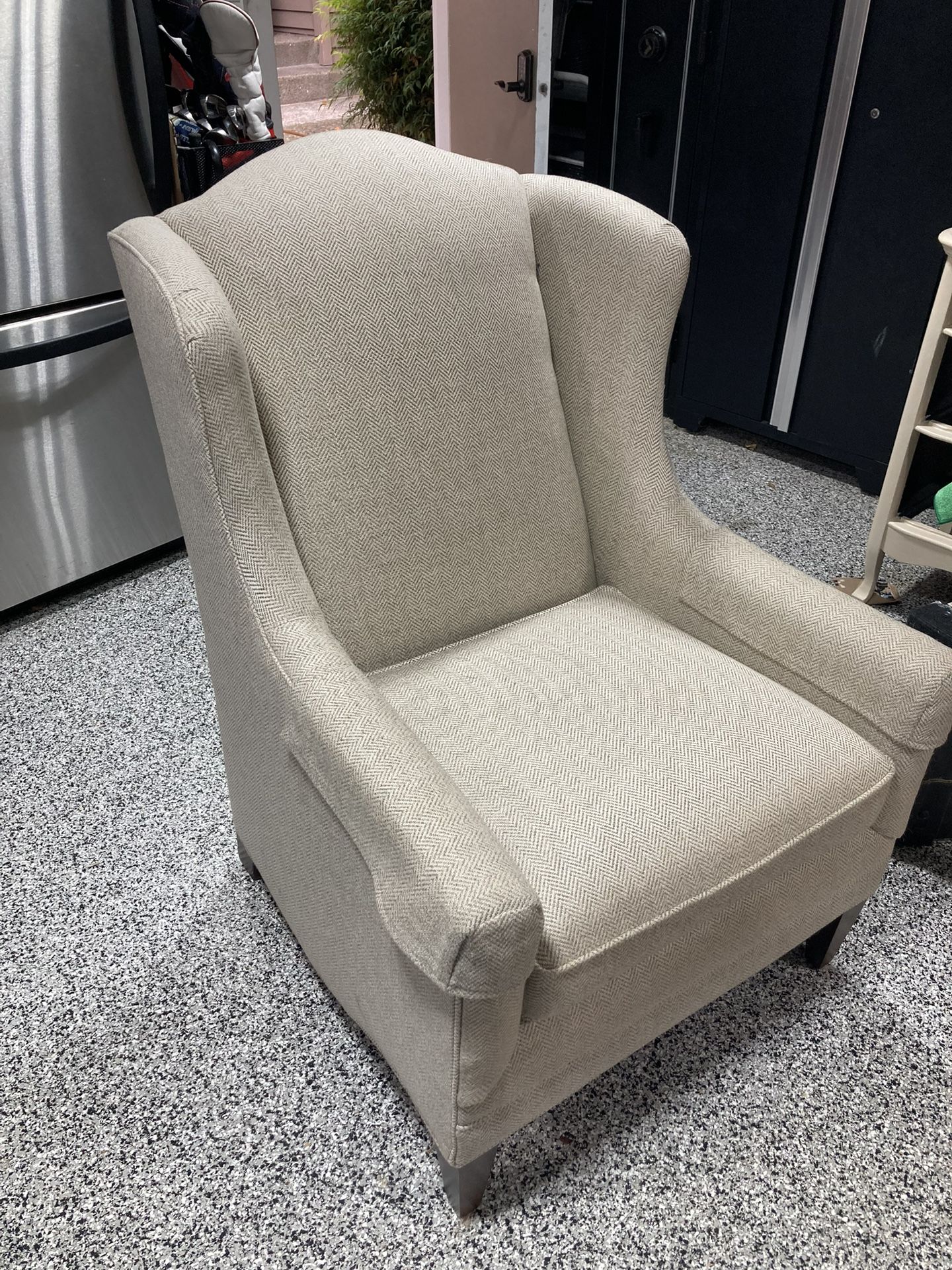 Beige Herringbone Basset Wingback Chair - Very Comfortable $ 200