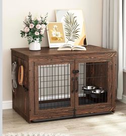 Piskyet Wooden Dog Crate Furniture with 360°Rotatable Removable Dog Bowls, Dog Crate End Table with Tray, Double Doors Dog Kennels for Dogs(L:37.7" L*