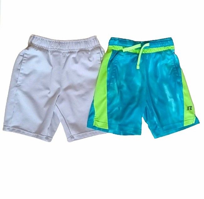 Boy's Russel shorts bundle size 8 medium bright teal blue/neon green and gray pair 