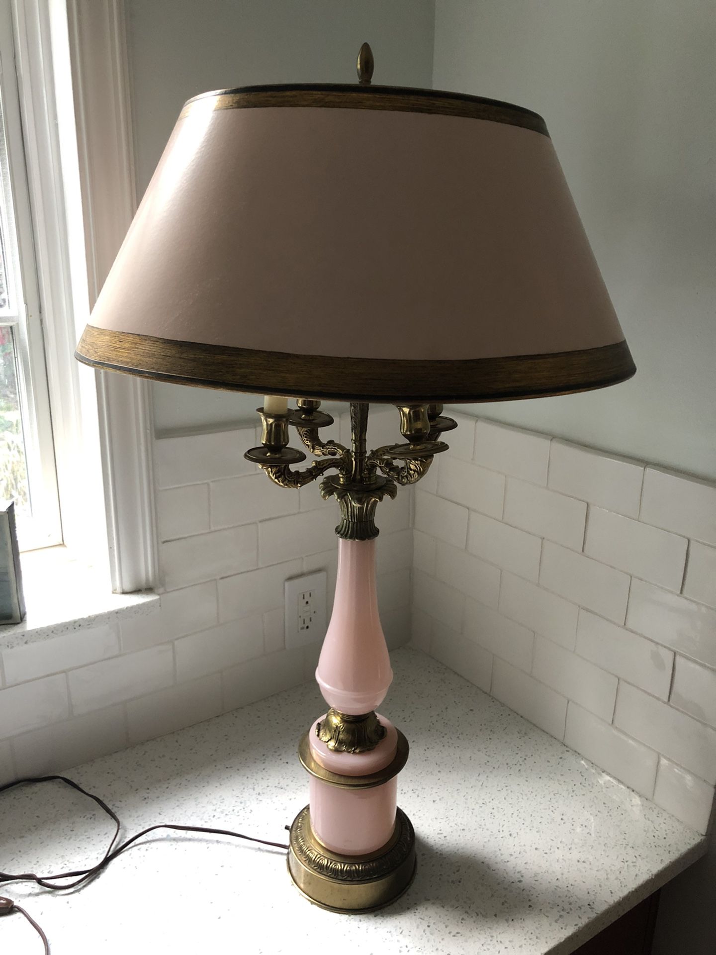 Pair/Antique Bronze Candelabra Pink Opaline Glass Lamps
