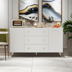 White Finished Wood 63 in. W Sideboard, Dresser, Bookcase, Storage Cabinet w/4-Shelf, 3-Drawer and Arched Surface Door