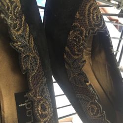Black Suede With  Gold Brocade Low Heels 