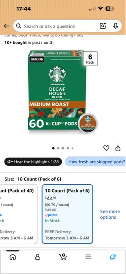 Starbucks Decaf House Blend K-Cup Pods 60ct