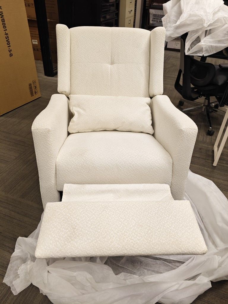 Upholstered Recliner Swivel Glider Nursery Chair Reclining Performance Fabric Rocker with Wood Base,Boucle,Ivory