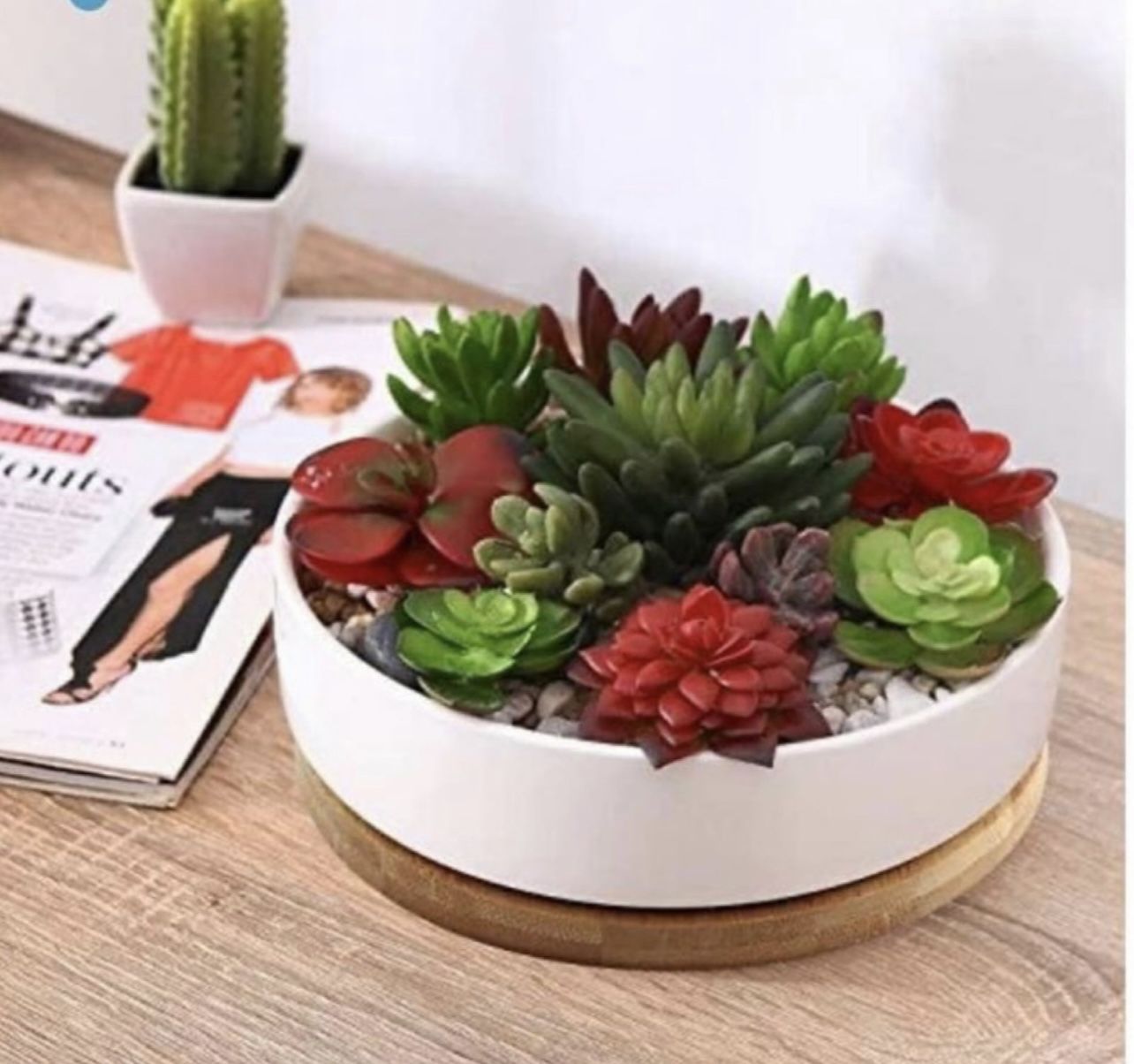 6 inch White Ceramic Flower Planter Pot with Bamboo Tray, Pack of 2 - Plants Not