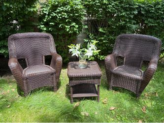 Brown Wicker Armchairs and table