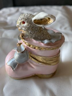 Hand-Painted Rabbit Figurine Enamel Bejeweled Hinged Jewelry Trinket Box 