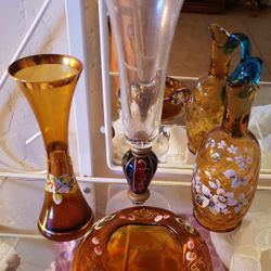 X4 HIGH QUALITY VINTAGE HAND PAINTED CZECH BOHEMIAN FLORAL FLOWER VASE BOWL GLASS CRUET SET