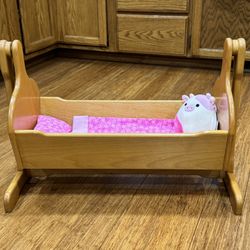 Beautifully Finished Handcrafted, Rocking Doll Cradle/ Bed with Handmade Mattress, Blanket & Pillow