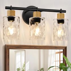 Bathroom Light Fixtures, 3-Light Coastal Vanity Lights with Crystal Glass Shade, Black Bathroom Wall Lamp
