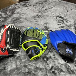 3 Boys Baseball Gloves 