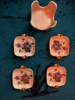 Vintage Hand Painted Ashtray W/ Purple Flowers 