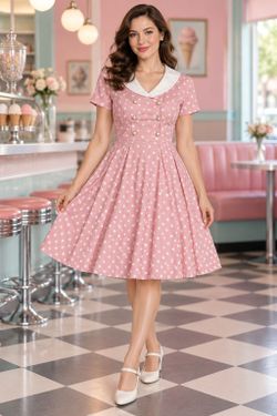 Women’s Medium Pink Polka Dot Sailor Collar Fit & Flare Dress