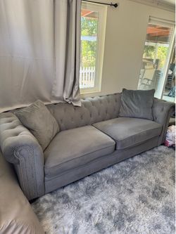 Modern Grey Velvet Chesterfield Sofa with Nailhead Trim