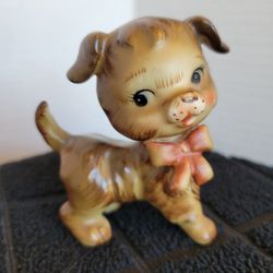 Vintage 1950s Lefton Adorable Porcelain Fluffy Puppy Dog Wearing Bow Figurine 3"