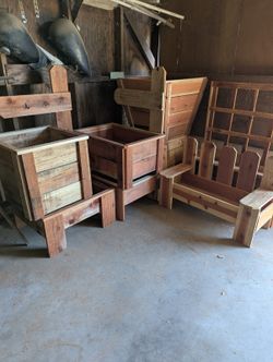 Redwood Gardens:  Assorted sizes of redwood planters made by father and son.