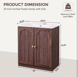 IFBUY 30 Inch Arched Bathroom Vanity with Sink, Fluted Design, Dark Walnut Modern Bathroom Vanity Cabinet w/Adjustable Storage Shelf, Freestanding Sin