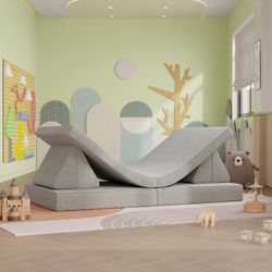 Modular Kids Play Couch, Convertible Folding Sofa with Removable Cover, Light Gray/ Dark GYray