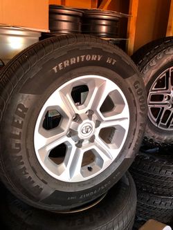 Like new 2023 4Runner Sr-5 alloys wrapped w/ 2026 Goodyear Wrangler HT Territory’s in size 245 70 R 17” low/no miles on the entire set. $599