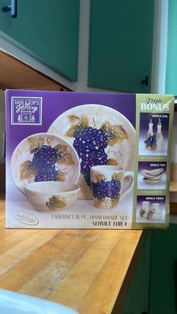 Tabletops Gallery Cabernet Hand-Painted Grape Dinnerware Set, Service for 4, Open Box/Never Used, 24 Pieces w/ Triple Bonus