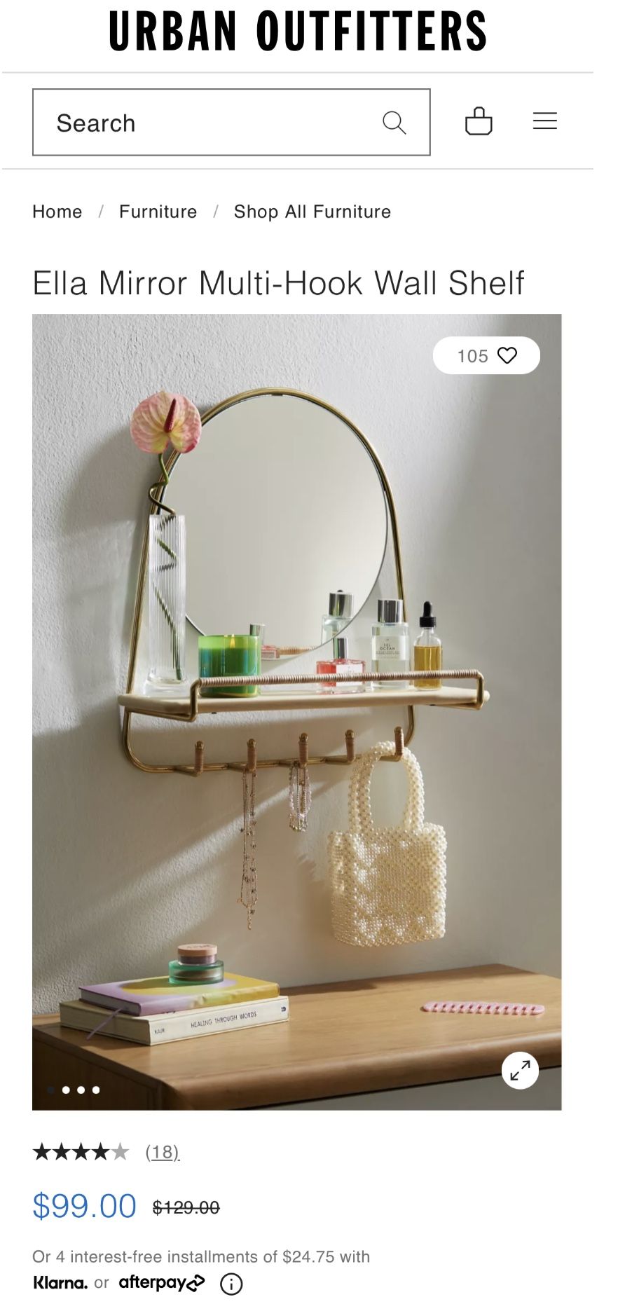 Urban Outfitters Ella Mirror Multi-Hook Wall Shelf