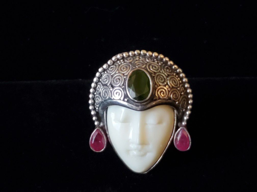 Carved Ivory Emerald & Ruby Sterling Silver Ring $125