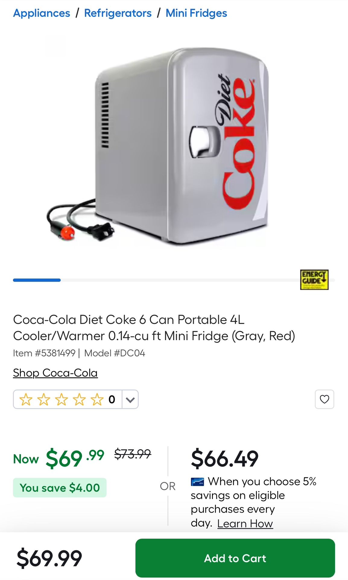 6 Can Portable 4L Cooler/Warmer 0.14-cu ft Mini Fridge (Gray, Red)