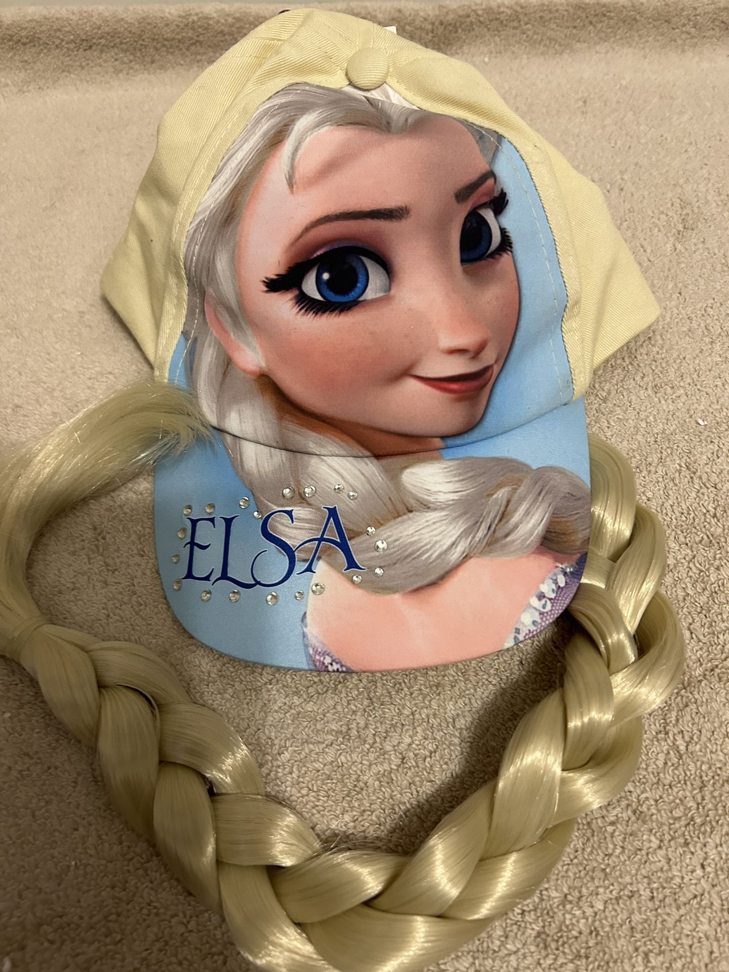 Frozen Girls Elsa Baseball Cap With Adjustable Back Strap With Braid Ponytail Measures 6”x5”10” (New) Disney