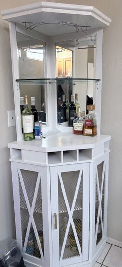 White Corner Bar Cabinet with Mirror