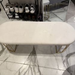 Modern White Upholstered Bench w/ Gold Metal Legs – Vanity / Entryway