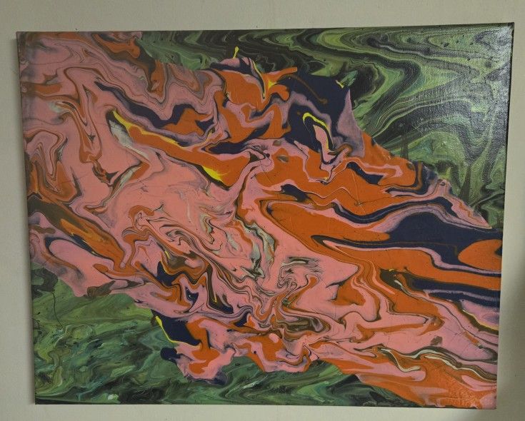 fluid art ripped canvas painting 20x16 pink green