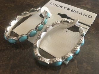 Lucky Brand Silvertone Faux Turquoise Hoop Earrings - NEW