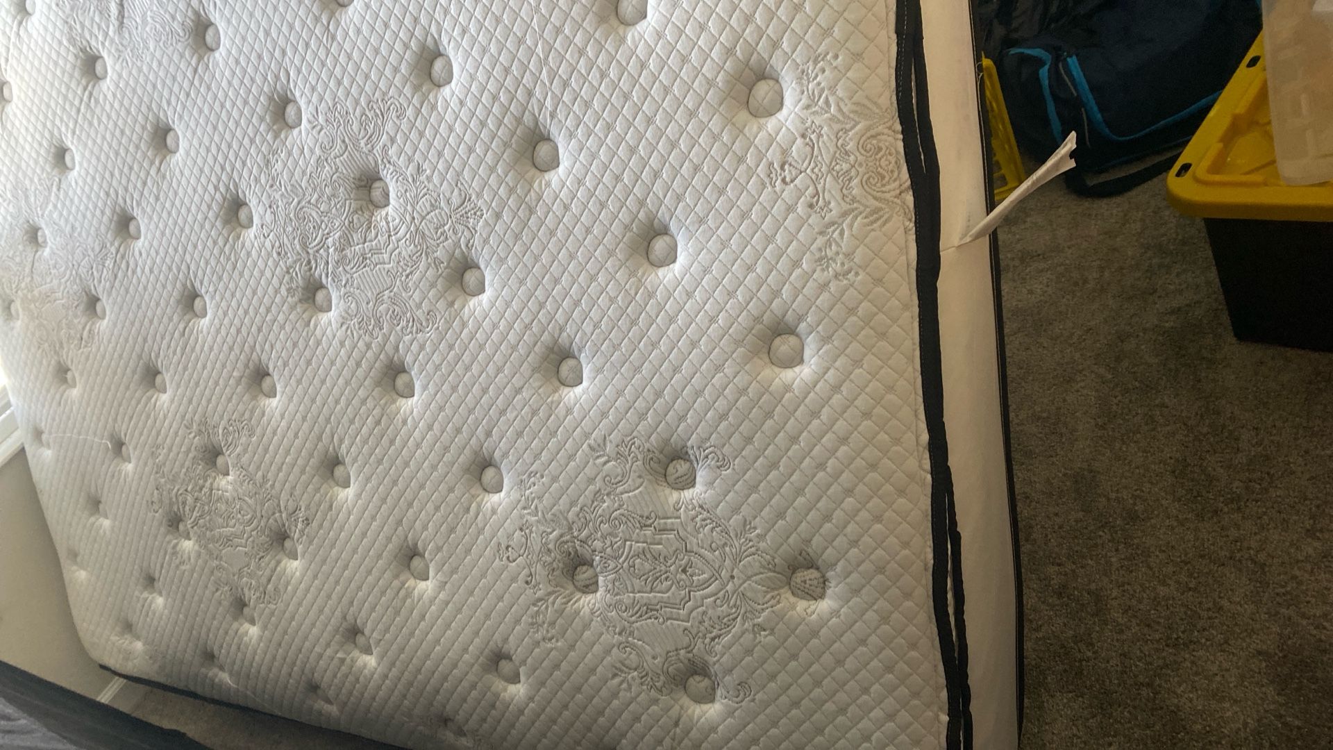 BUNDLE: Queen Canopy Bed + Like-New Mattress & Box Spring + BONUS Glass Stemmed Accent + Burgundy Drapes