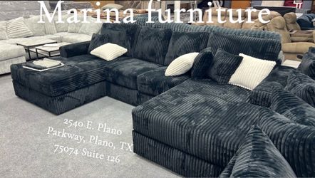Large Black Corduroy Sectional Sofa with Ottoman