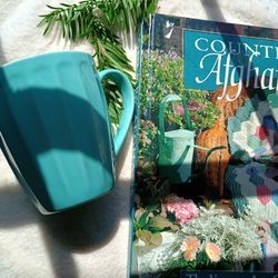 Coffee Break Bundle 1994 copy "Country Afghans" &  Aqua Blue Fluted "Sweese" Mug