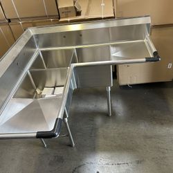 New Stainless Steel Corner Sink L Shaped 3 Compartment Sink 8x18” NSF NORDSTEEL 