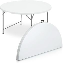 V105 $70  4.5Ft Round Folding Table, Indoor Outdoor Plastic Dining Card Table with Handle and Lock for Picnic Party Banquet Wedding, White  Color Whit