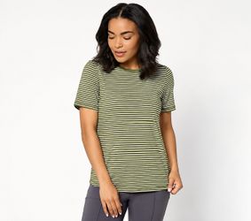 Denim & Co. Active Striped Cool to the Touch Round Neck Top Dark Olive, Small
