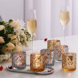 Brand New 6 Pcs Gold&Silver Votive Candle Holders, 3.14" Glass Tealight Candle Holder, Glass Candle Holder with Embossed for Wedding, Centerpiece for 