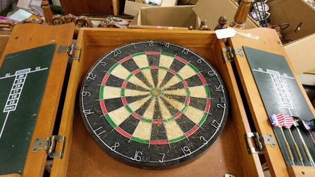 English dart set board and cabinet