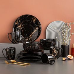 Black Marbled Dinnerware Set for 4