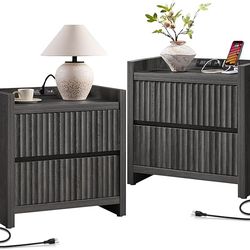 Night Stand Set of 2-Fluted Nightstands with Charger Station-Large Nightstand Bedside Table End Table with 2 Drawers, 25" Wide Mid Century Modern Nigh