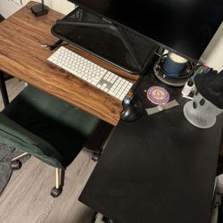 Home Office Desk & Chair - Industrial Style L Shaped Desk With Shelving, Green Velvet Plush Chair With Gold Legs Adjustable Height