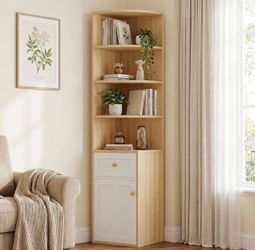 Corner Bookshelf, 71" Wood 5-Tier Corner Bookcase with Drawers 90° Space-Saving Storage Cabinet for Home Office & Living Room (Oak & White)