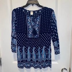 Bila Top Womens Navy Floral Paisley 3/4 Bell Sleeve Peasant Tied Tassel size large must pick up