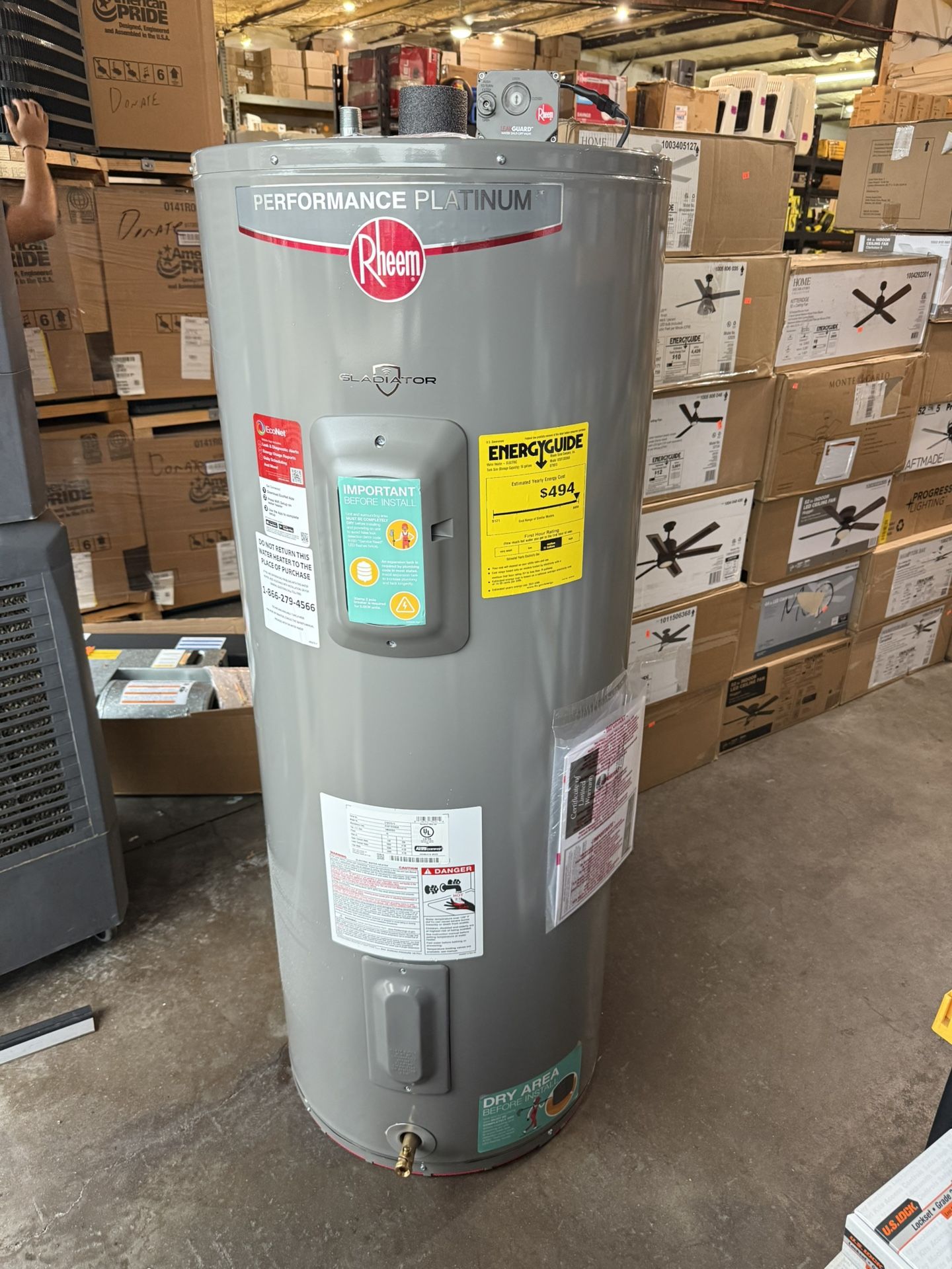 Rheem Gladiator 55 Gal. Tall 12-Year 5500-Watt Double Element Smart Electric Water Heater w/ Leak Detection and Auto Shutoff