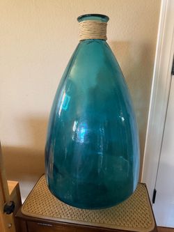 XL Teal Blue Glass Floor Vase / Decorative Bottle with Rope Detail