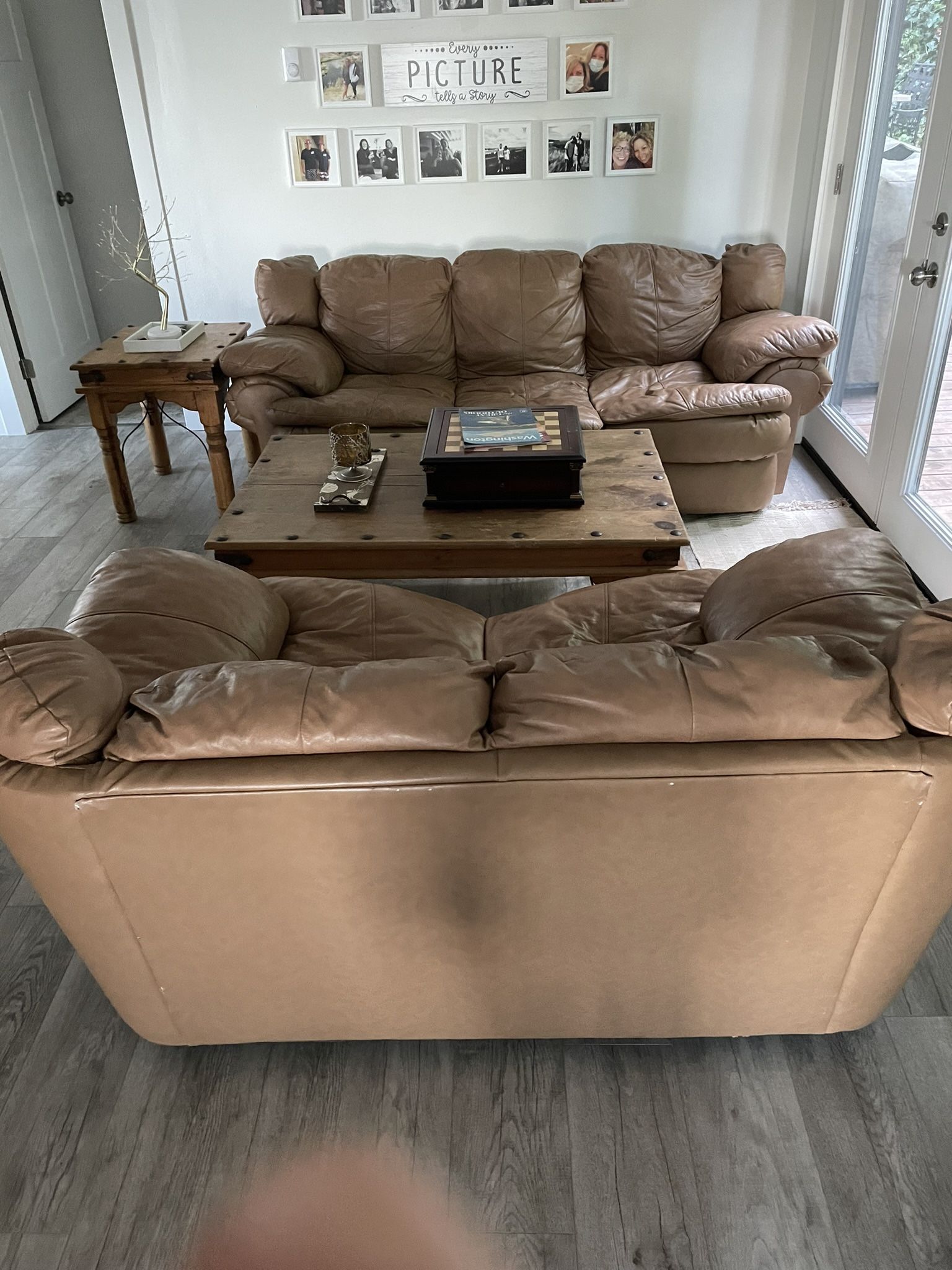 Leather Couch Set, Couch, Love Seat, Rustic Coffee Table And Matching End Table